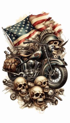 a motorcycle with skulls and an american flag