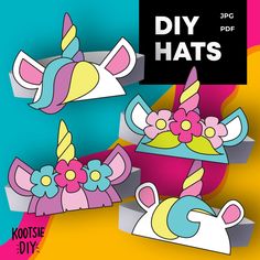 three paper hats with flowers and unicorns on them, one has the word diy hats