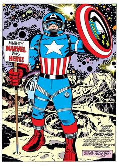 an old comic book cover with captain america holding a shield and pointing to the side