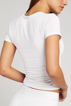 Whipped Baby Tee in White | Women's Tops in White - Negative Underwear Trendy Fitted Cropped T-shirt For Loungewear, Seamless Athleisure Tops For Layering, Stretch Tops With Seamless Construction For Layering, Seamless Stretch Top For Layering, Stretch Seamless Top For Layering, Spring Seamless Tops For Layering, Everyday White Tops With Seamless Construction, White Seamless Tops For Layering, White Seamless Tops For Everyday