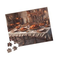 a jigsaw puzzle with a turkey sitting on a table surrounded by other thanksgiving foods