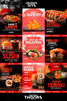 the menu for sushi restaurant is shown in red and black colors, with different types of sushi on it