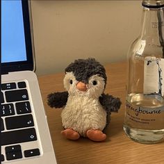 a stuffed penguin sitting next to a bottle of booze and a laptop on a desk