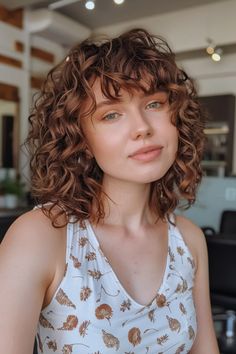 Young woman with curly brown hair and light green eyes, wearing a white tank top with a sunflower pattern, in an indoor setting. Curly Haircuts Short Natural Curls, Curly Bangs With Glasses, Curly Red Hair With Bangs, Curly Bangs Round Face, Curly Layered Bob With Bangs, Curly Lob With Bangs, Edgy Curly Haircut, Curly Hair With Bangs Hairstyles, Curly Hairstyles With Bangs