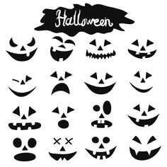 halloween pumpkins with different faces and words on them, all drawn in black ink