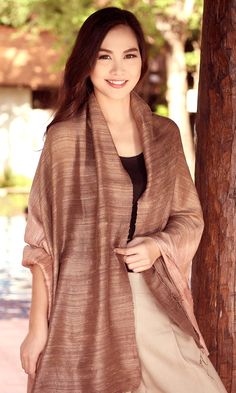 Wear with a dress or a casual outfit. Dark brown gradually becomes lighter in a warm palette of colors orchestrated by Vinita for this wide shawl. She works with traditional dyeing techniques to create a shawl of bold elegance that is loomed of raw silk. Silk Dry clean only Handmade in & fairly traded from Thailand Outfit Dark, Warm Palette, Thai Silk, Silk Shawl, Dyeing Techniques, Work Design, Raw Silk, Worlds Of Fun, Casual Outfit