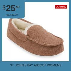 These St. John's Bay Abscot women's moccasin slippers come with a plush faux fur lining and a flat sole for the ultimate in loungewear comfort. Wear them with pajamas or a tracksuit. Closure Type: Slip-OnBase Material: 100% PolyesterUpper/Outer Base Material: 100% PolyesterShoe Lining Material: PolyesterSole Material Content: 100% Thermoplastic-RubberCountry of Origin: Imported Slippers Brown, Moccasin Slippers, Moccasins Slippers, Comfort Wear, Moccasins, Faux Fur, Pajamas, Lounge Wear, Slippers