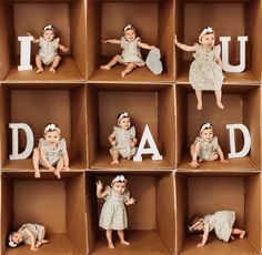 there are many baby dolls sitting in the same cardboard box with letters on each side