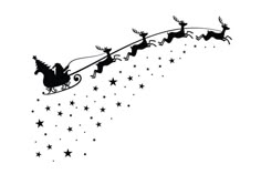 santa's sleigh flying through the sky with reindeers and stars on it