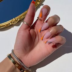 Coffin Shaped Press-Ons with Orange French Tip | Matte Nails | LUXXI Medium Coffin, September Nails, Coffin Shape Nails, Short Acrylic Nails Designs, Hair Skin Nails, Orange Nails, Coffin Nails Designs, Pretty Acrylic Nails, Dope Nails