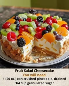 a fruit salad cheesecake on a plate with the words, you will need 1 20 can crushed pineapple, dried grapes, and 3 / 4 / 4 / 4 cup granulated sugar