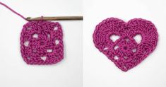 two crocheted hearts hanging from a hook