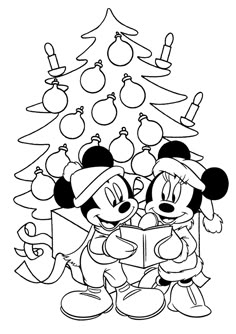 mickey and minnie mouse with christmas tree coloring pages for kids to print out in the style of