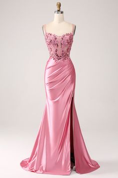 ZAPAKA Women Pink Satin Mermaid Corset Prom Dress with Slit Spaghetti Straps Long Party Dress Sequin Corset, Prom Dress Inspo, Deb Dresses, Stunning Prom Dresses, Corset Dress Prom, Pink Mermaid, Prom Dress Inspiration, Cute Prom Dresses