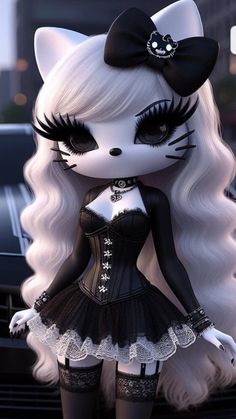 an animated cat with long white hair and black dress