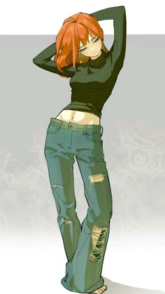 a drawing of a woman with red hair and ripped jeans