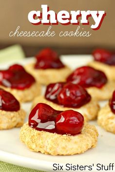 cherry cheesecake cookies are arranged on a white plate