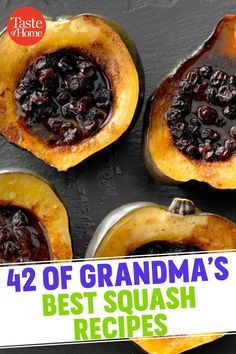 four baked desserts sitting on top of a black surface with the words 42 of grandma's best squash recipes