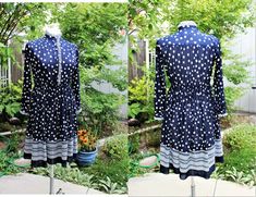 1970's Navy Blue And White Polka Dot Dress Small Ruffled High Neck Collar Polyester Vintage REtro 70s Hipster Office Day Hipster Office, High Neck Collar, 70s Women, White Polka Dot Dress, Retro 70s, Bright Colours, Polka Dot Dress, Neck Collar, Dot Dress