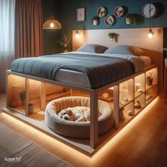 a bed that is in the middle of some kind of room with lights on it