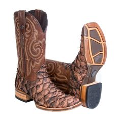 Tanner Mark Men's Genuine Monster Fish Square Toe Boots Brown — CaballoBronco.com Botas Western, Character Clothing