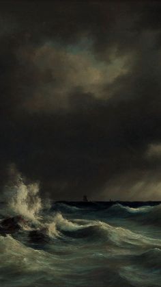 a painting of a ship in rough seas under a dark sky with storm clouds over the ocean