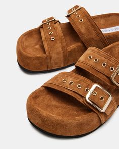 MARCINE Chestnut Suede Flatform Slide | Women's Platform Sandals – Steve Madden Sandals Steve Madden, Women Platform Sandals, Steve Madden Store, Apparel Merchandising, Slides Women, Chunky Platform, Chestnut, Platform Sandals, Steve Madden