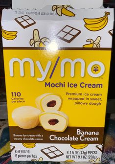 a box of chocolate ice cream with bananas on the front and back side, sitting on a table