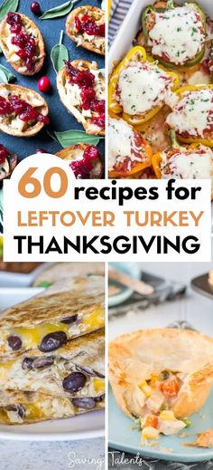 several different thanksgiving dishes with the words 60 recipes for leftover turkey and thanksgiving pies