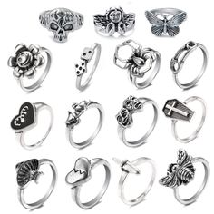 PRICES MAY VARY. 【Silver Goth Punk Rings】15 pcs vintage black silver rings for women, gothic chunky punk ring made up of high quality antique silver alloy, lead and nickel free, light and comfortable to wear without pressure, polished surface also do not scratching your fingers. 【Vintage Knuckle Ring Set】These retro animal rings set is available in silver which is the vintage punk style. Multiple types of cool anime rings for you to choose from to match your daily clothes or take to attend speci Alt Rings, Maxi Jewelry, Grunge Rings, Butterfly Grunge, Emo Rings, Anime Rings, Hoco Jewelry, Accessories Grunge, Frog Butterfly