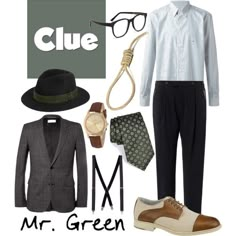 men's clothing and accessories including hats, glasses, tie, dress shirt, pants, shoes