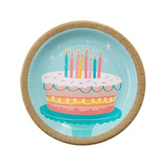 a paper plate with a birthday cake design on the front and sides, in gold rim