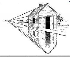 a drawing of a house in the water with an arrow pointing to it's door