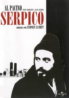 a man with a beard is standing in front of a cityscape and the words serpico written on it