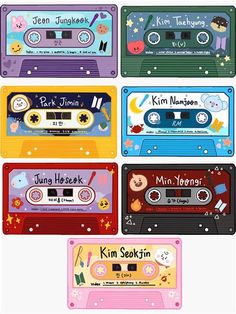 four different colored cassettes with cartoon characters on them