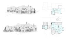 three different views of the house from each side, with floor plans and elevation details