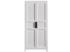 a tall white cabinet with two doors on the front and one door open to reveal a black handle