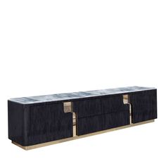 a black and gold sideboard with two doors on the bottom, one door open