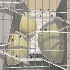 an overhead view of some yellow balls in a building with people standing on the floor