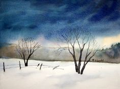 a painting of two trees in the snow