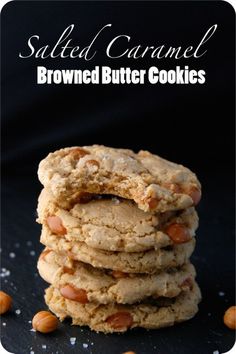 salted caramel brown butter cookies stacked on top of each other with almonds