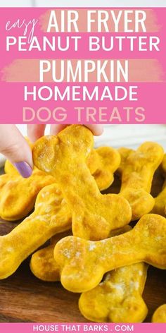 homemade air fryer peanut butter pumpkin dog treats on a cutting board with text overlay