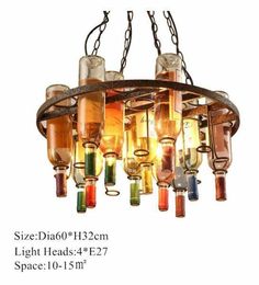 a chandelier made out of glass bottles