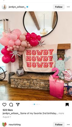 a bunch of balloons that are on top of a mantle in front of a mirror