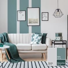 a living room with blue and white striped walls