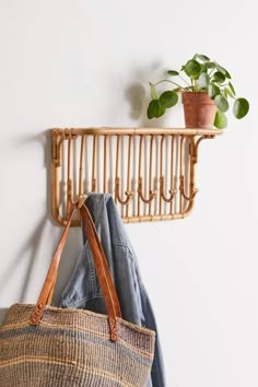 a bag hanging on a wall next to a potted plant and coat hanger