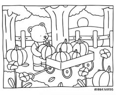 a coloring page with a bear in a wagon filled with pumpkins