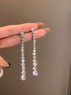 Silver  Collar  Glass Rhinestone  Drop Earrings Embellished   Women Fashion Jewelry Simple Silver Earrings, Indian Choker, Formal Jewelry, Prom Earrings, Sparkly Jewelry, Long Tassel Earrings, Prom Jewelry, Classy Jewelry, Rhinestone Earrings