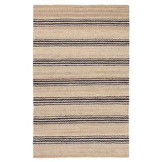 a beige rug with black and white stripes on the bottom, in front of a white background