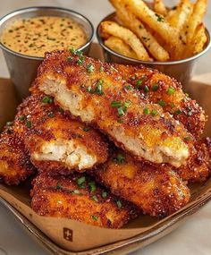 some fried food is on a plate with french fries and dipping sauce in small bowls